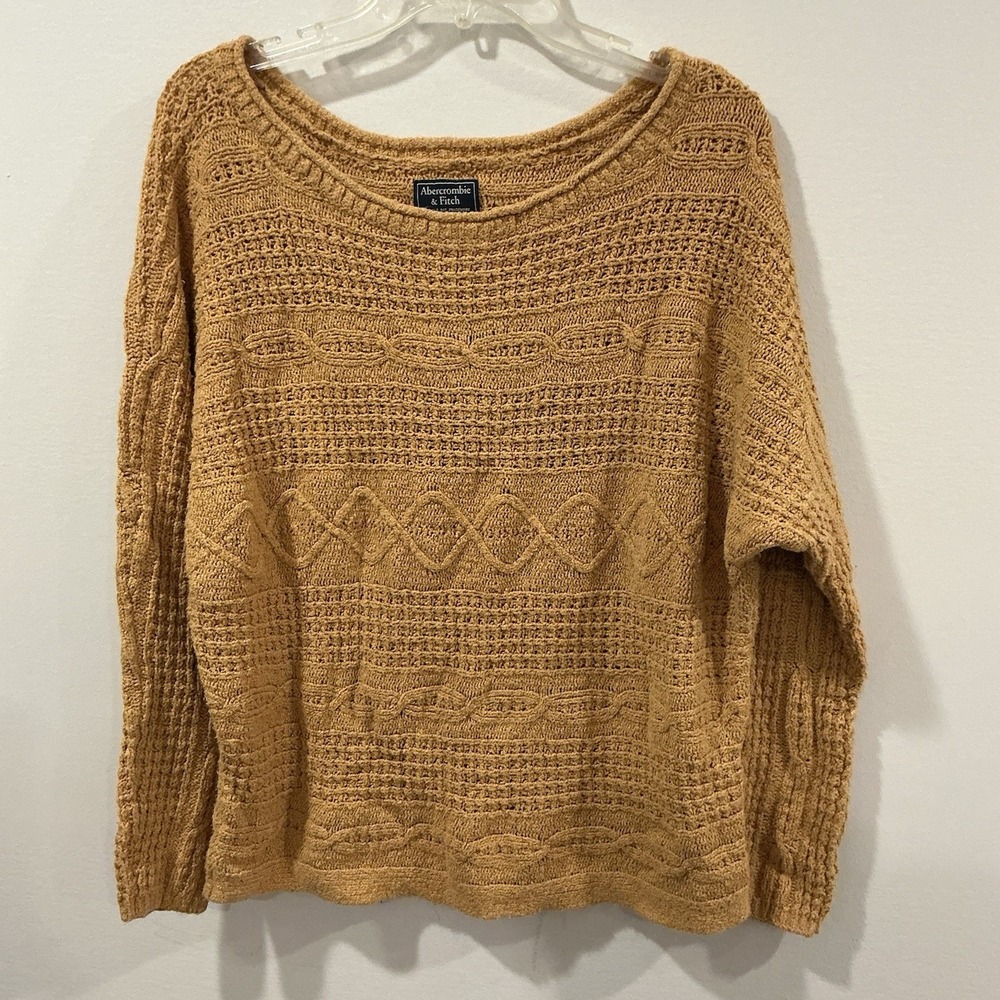 Abercrombie Fitch Sweater Womens XL Mustard Brown Fisherma Knit Pullover